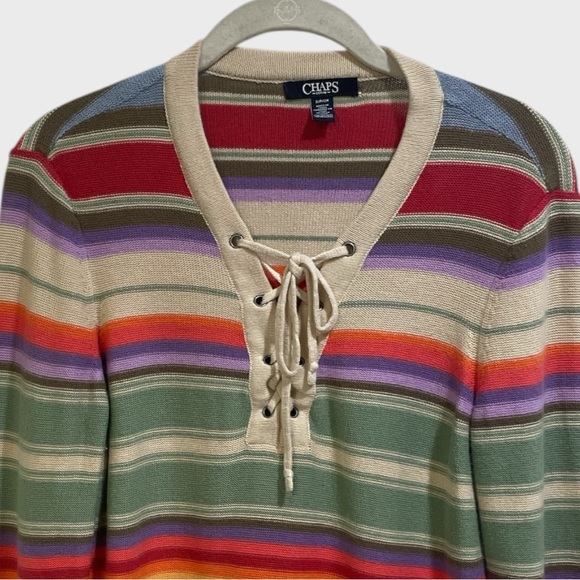 Chaps Women's  Striped Lace Up Multi  Rainbow Sweater Size Small - Picture 5 of 10